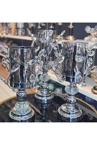 CENGİZ ÇEYİZ Metal Ayaklı Kristal Taşlı 3'lü Mumluk Şamdan 3086