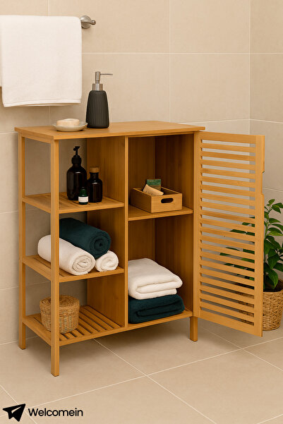 welcomein Bambu Banyo Dolabı | Doğal Ahşap Çok Gözlü Çamaşır ve Havlu Düzenleyici Raf