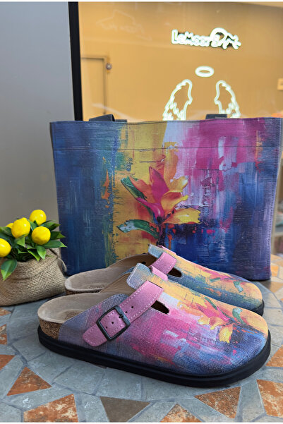 Lemoors Justine Natural Cork Sole Inner Genuine Leather Canvas Printed Sabo Slippers