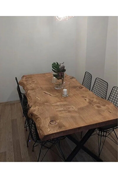 MODERN LİFEE 80 x 150 Demir Ayak Doğal Ahşap Kütük Yemek Masası Mutfak Masası