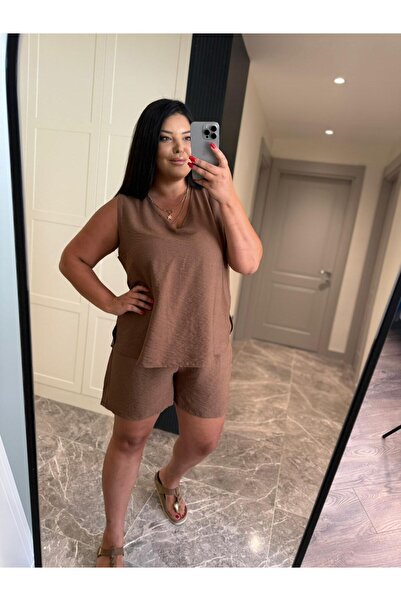 Ferdanur Başaran Büyük Beden Kalın Askılı Şortlu Kadın İkili Takım