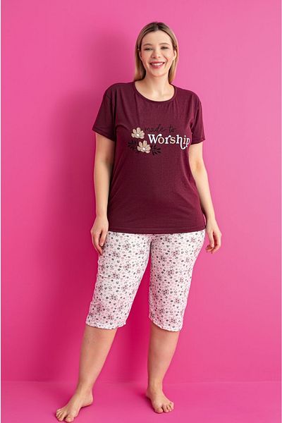 Farya Home Plus Size Cotton Patterned Short Sleeve Bermuda Capri Suit