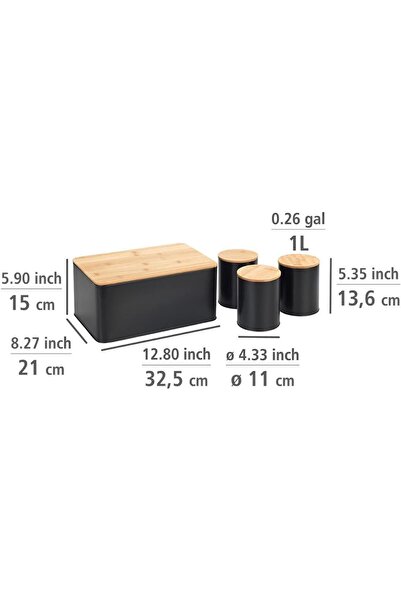 GBMOTION Black Metal Bread Box and 3-Piece Storage Container Set – Black Matte Body & Bamboo Lid, Moder