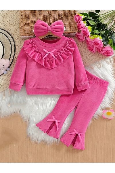 OEM Trening 3 piese din catifea pentru fete, roz, 6-9 luni, 68-74 cm, bluza cu pantaloni si bentita