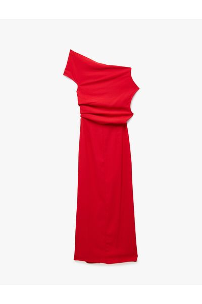 Koton Crepe Fabric Asymmetrical Cut Draped Slit Midi Length One Shoulder Dress