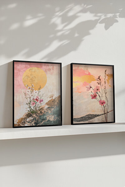 STARYUNA Pictură boho cu efect de pictură în ulei, set de 2 picturi cu rama d...