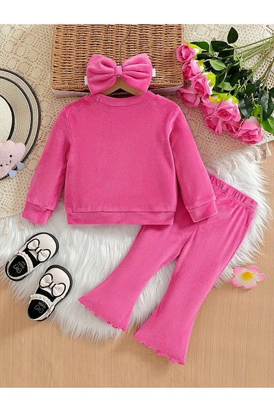 OEM Trening 3 piese din catifea pentru fete, roz, 9-12 luni, 74-80 cm, bluza cu pantaloni si bentita