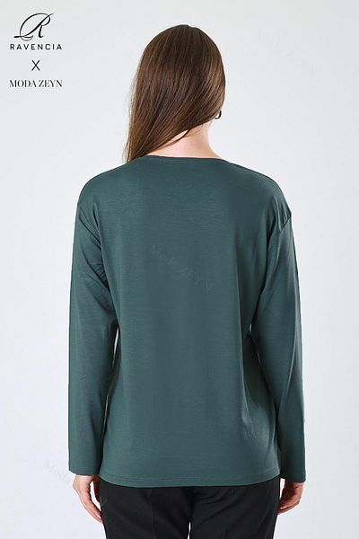 Ravencia Women's Middle Age and Above Viscose Ring Stripe Pattern Stone Embroidered Lycra Emerald Mother Combed Cotton Blouse