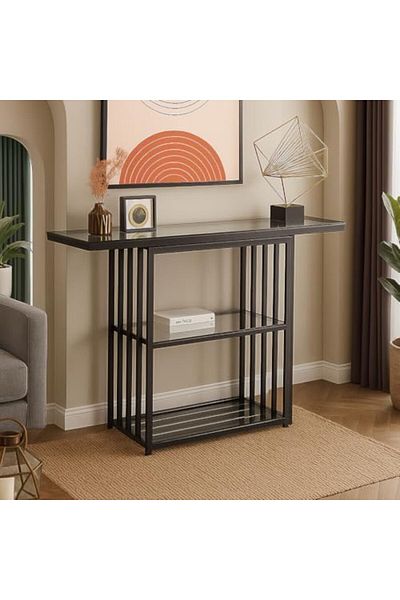 genric FFD Metal & Glass Console Table 120×40×90 cm – Gold & Black Powder-Coated Frame
