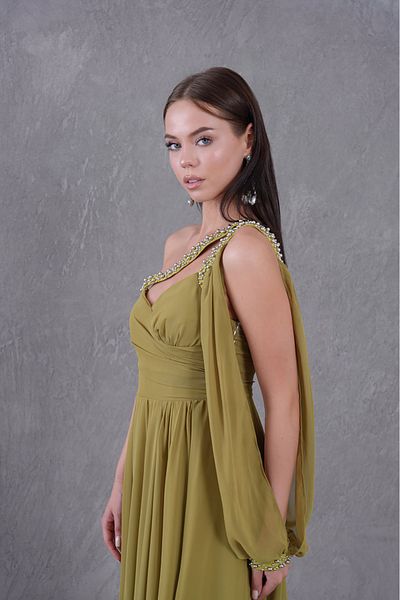 XXL BUTİK Women oil green design chiffon evening dresses