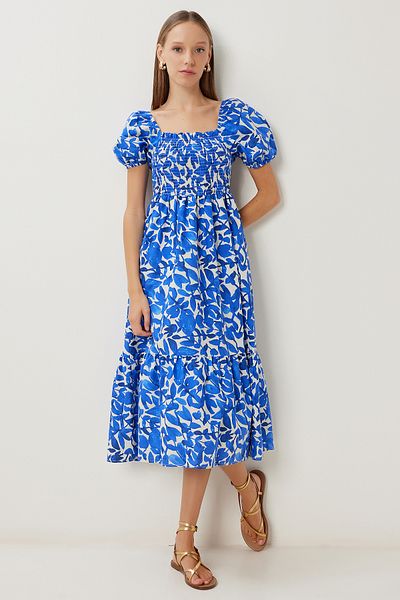 Lovelyİstanbul Rochie țesută cu mâneci balon cu model LFG0059 BLUE BONE