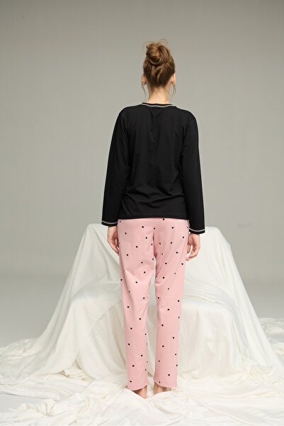 Siyah İnci siyah kalp desenli Örme Pamuklu Pijama Takım25240195