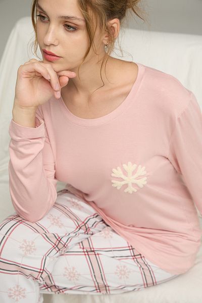 Siyah İnci Powder Plaid Pattern Knitted Cotton Pajamas Suit25240274