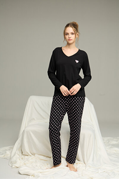 Siyah İnci Black Points Pattern Knitted Cotton Pajamas Suit25240273