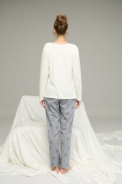 Siyah İnci ekru kurdele desenli Örme Pamuklu Pijama Takım25240241