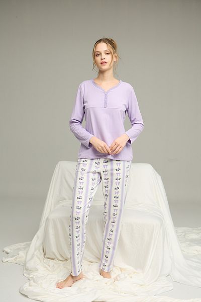 Siyah İnci Lilac Pattern Knitted Cotton Pajamas Suit25240234
