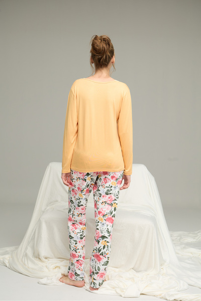 Siyah İnci sarı desenli Örme Pamuklu Pijama Takım25240253