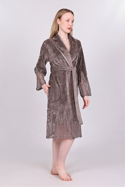 Nuşa Elegant Stylish Lace Niki Velvet Bamboo Cotton Dressing Gown