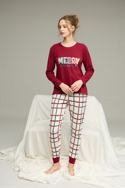 Siyah İnci Costum de pijama din bumbac tricotat cu imprimeu în carouri burgundy25240275