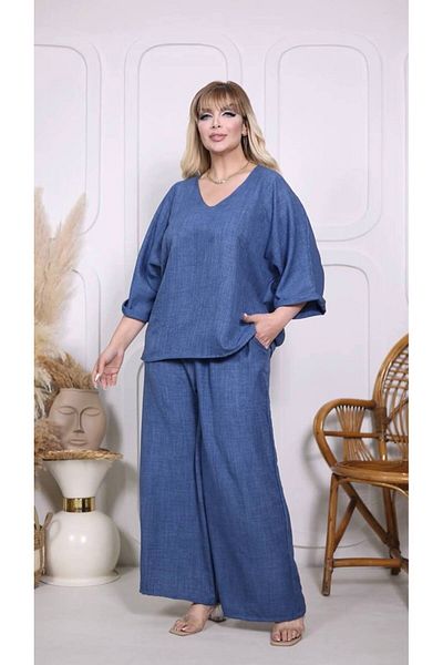 garajmood Plum Linen Fabric Wide Comfortable Fit V-Neck Bottom Top Set