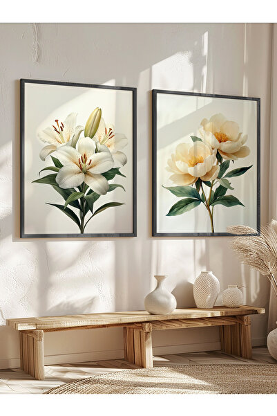STARYUNA Pictură cu flori de bujor, set de 2 picturi cu rama din lemn negru Y...