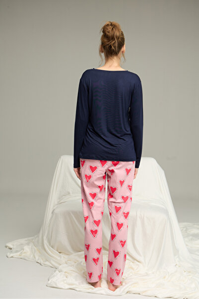 Siyah İnci Синій візерунковий трикотажний бавовняний піжамний комплект 25240258