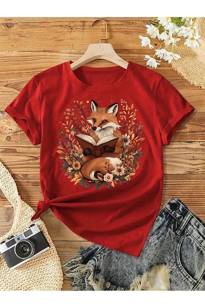 l'eivor Book & Fox Printed Women's Cotton T-Shirt