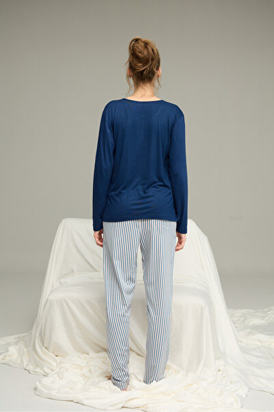 Siyah İnci Синій смугастий трикотажний бавовняний піжамний комплект з ґудзиками 25240221