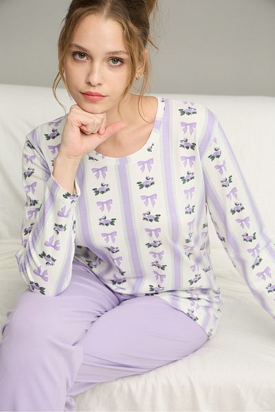 Siyah İnci Lilac Ribbon Patterned Knitted Cotton Pajama Set 25240270