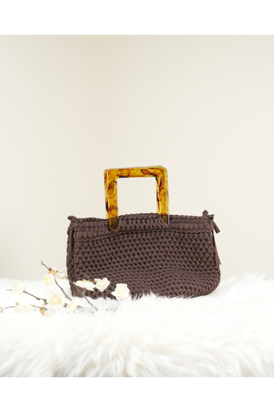 Randsac Brown Crochet Handbag with Amber Acrylic Handles and Side Ties
