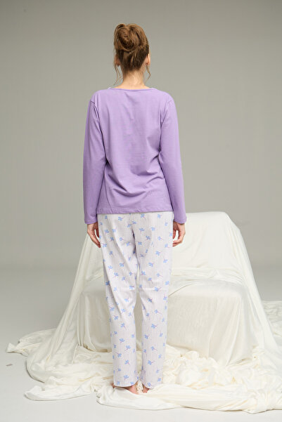 Siyah İnci Трикотажний бавовняний піжамний комплект з ліловим візерунком 25240248