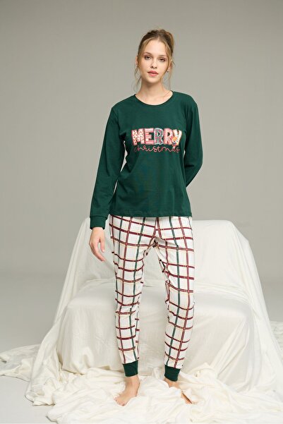 Siyah İnci Green Plaid Knitted Cotton Pajamas Suit25240237