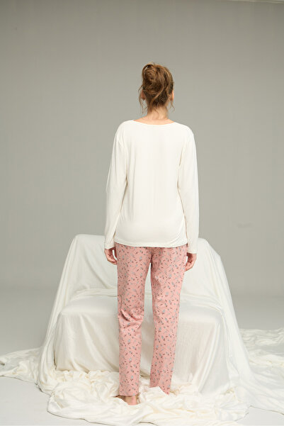 Siyah İnci ekru desenli Örme Pamuklu Pijama Takım25240230