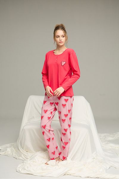 Siyah İnci Buttoned Knitted Cotton Pajamas Set with Pomegranate Pattern25240218