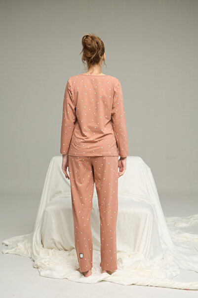 Siyah İnci Σετ πιτζάμες με κουμπιά από πλεκτό βαμβάκι με σχέδιο σομόν σκούρο χρώμα25240227