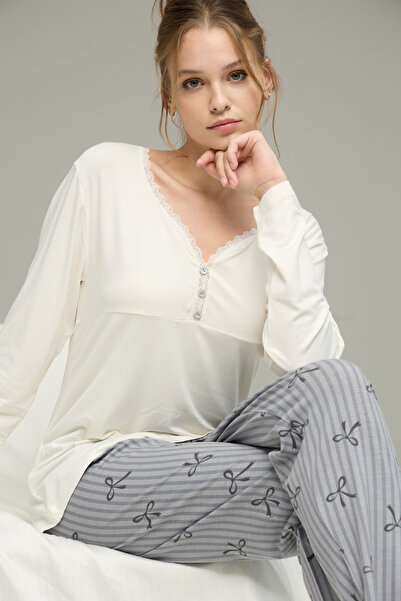 Siyah İnci Knitted Cotton Pajamas Suit with Ecru Ribbon Pattern25240241