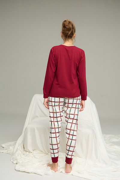 Siyah İnci Costum de pijama din bumbac tricotat cu imprimeu în carouri burgundy25240275