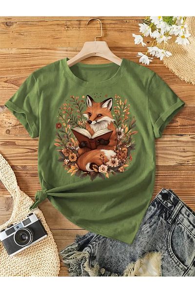l'eivor Book & Fox Printed Women's Cotton T-Shirt