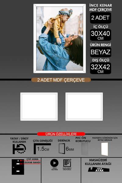 Bytwo 2 Pieces 30X40 Frame - Thin Slatted A3 Frame - White Frame - 6mm - Photo Frame