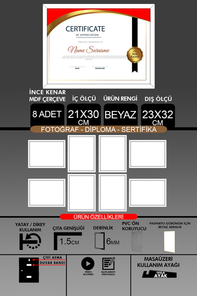 bymat 8 Pieces 21X30 Frame - A4 Frame with Thin Slats - White Frame - Photo Certificate Frame