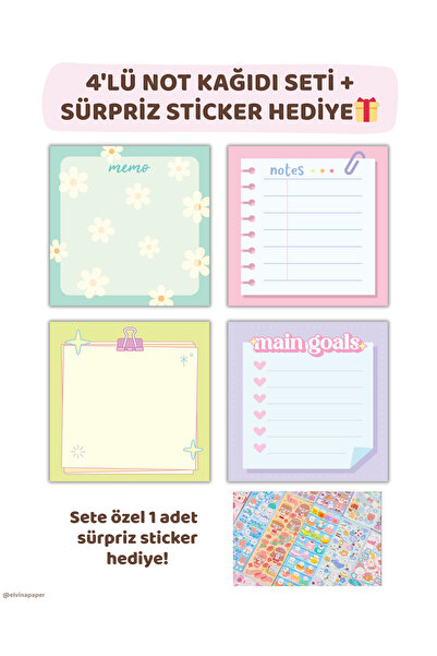 Elvina Paper 4'lü Not Kağıdı Seti + Sticker, 9×9 Boyut, Memopad, To Do List, Bloknot, Planlayıcı, Notepad