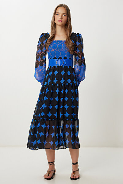 Lovelyİstanbul Φόρεμα σιφόν με μοτίβο με ζώνη LFG0058 ΜΑΥΡΟ ΜΠΛΕ