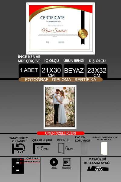 bymat 1Pcs 21X30 Frame - Slim Slatted A4 Frame - White Frame - Photo Certificate Frame