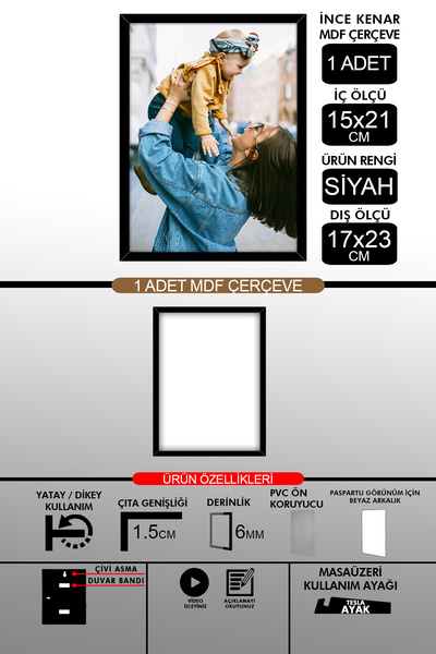 bymat 1Pcs 15X21 Frame - Fine Slatted A5 Frame - Black Frame - 6mm - Photo Frame