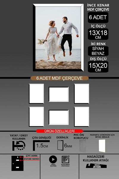 Bytwo 6Pcs 13X18 Frame - Thin Slatted Frame - 2 Colors Black White - 6mm Frame Photo Frame