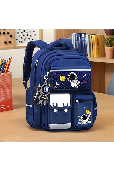 kardelen kırtasiye Space Astronaut Patterned Children's Orthopedic Multi-Compartment School Bag Navy Blue