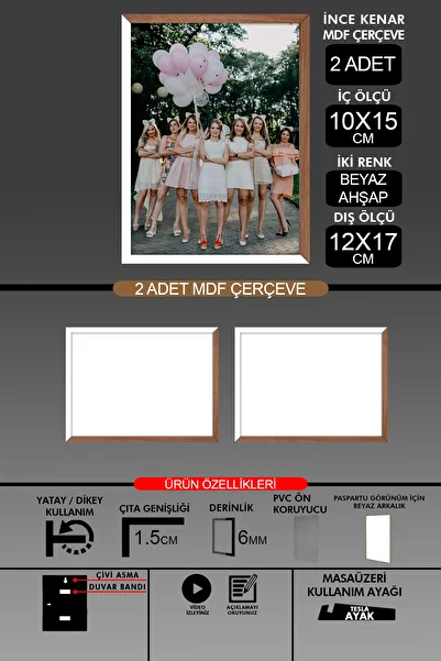 bymat 2 Pieces 10X15 Frame - Thin Slatted Frame - 2 Colors White Wood - 6mm Frame Photo Frame