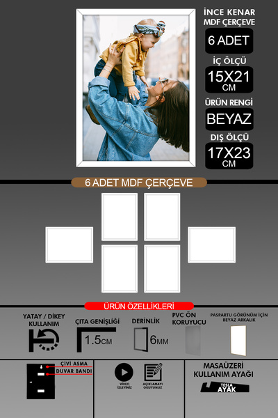 bymat 6 Pieces 15X21 Frame - Fine Slatted A5 Frame - White Frame - 6mm - Photo Frame