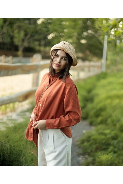 REVENA COLLECTION Tarçın Keten Gömlek