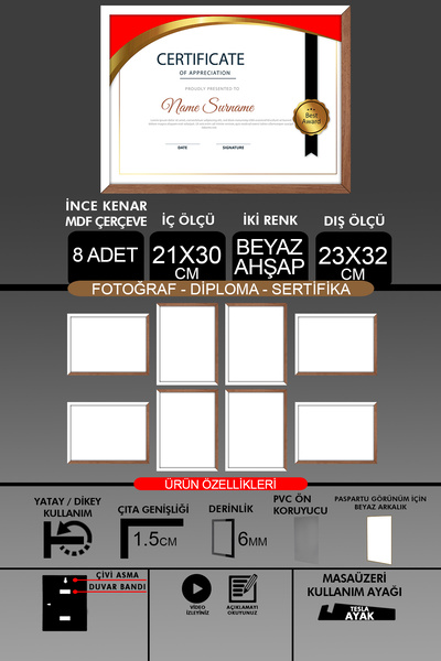 Bytwo 8 bucăți 21x30 cadru - cadru A4 cu șipci subțiri - 2 culori lemn alb - cadru certificat foto